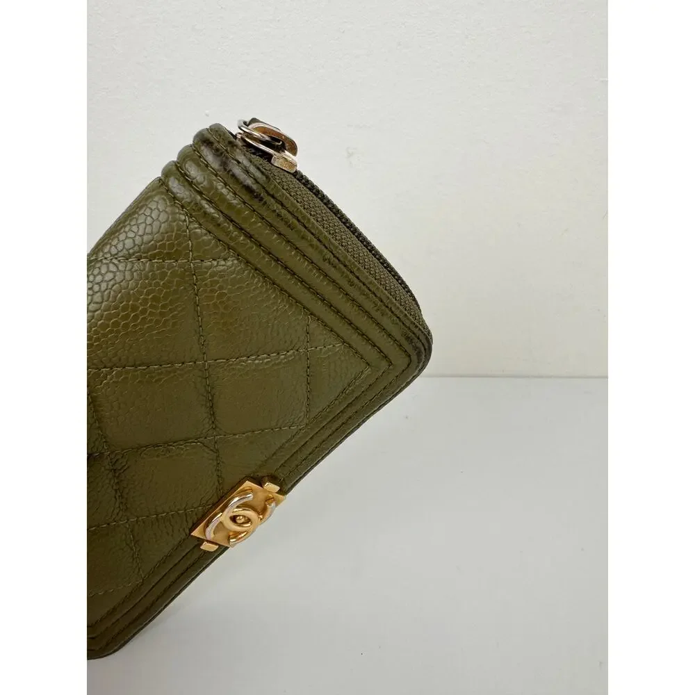 CHANEL Khaki Green Continental Wallet Leather Quilted Inner Pocket Zip Around